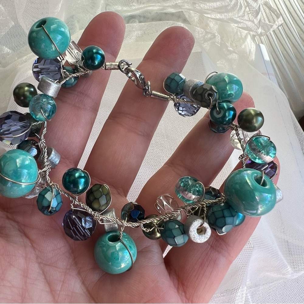 Turquoise Blue Ceramic Bead & Crystal Mixed Media Beaded Necklace Handmade NEW - Picture 10 of 17